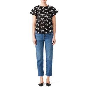 La Vie Rebecca Taylor Top Size XS Helene Black Floral Print  Short Sleeve Blouse